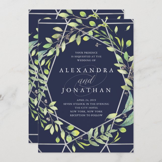 Invitation Botanique moderne | Mariage Silver Look (Devant / Derrière)