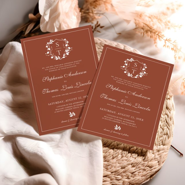 Invitation Botanique Monogram Crest Terracotta Mariage (Créateur téléchargé)