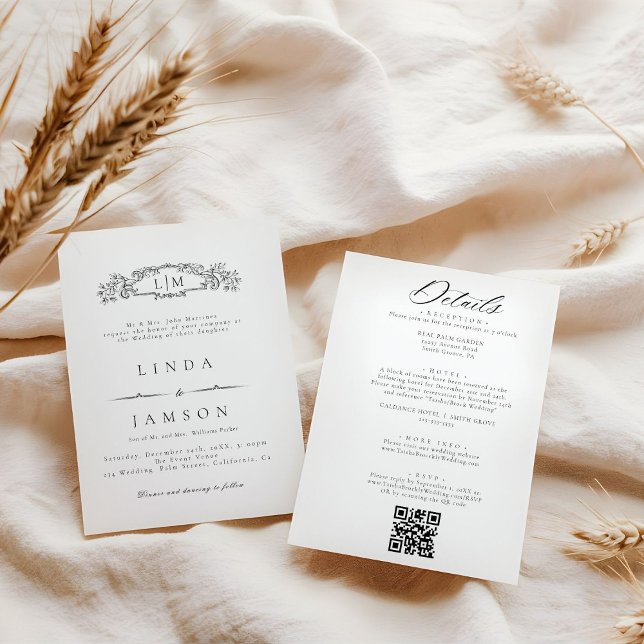 Invitation Botanique monogramme QR Code Détails Mariage (Créateur téléchargé)