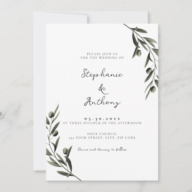 Invitation Botanique Olive Branch Feuille Mariage italien (Devant)