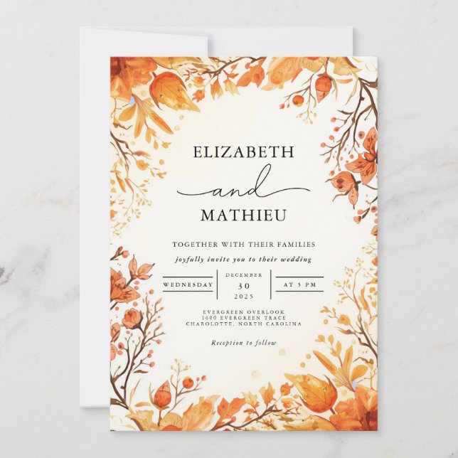 Invitation Botanique Orange Chaud Mariage d'automne (Devant)