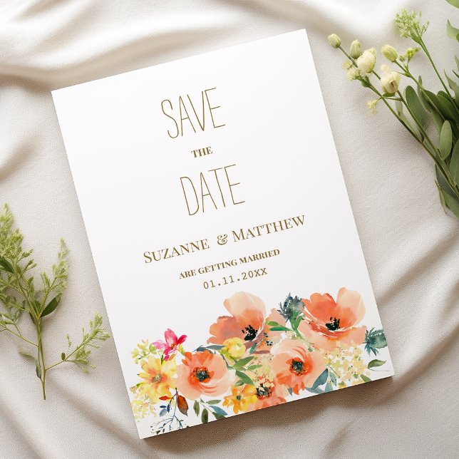 Invitation Botanique orange jaune rose floral Enregistrer la  (Botanic orange yellow pink floral Save the Date)