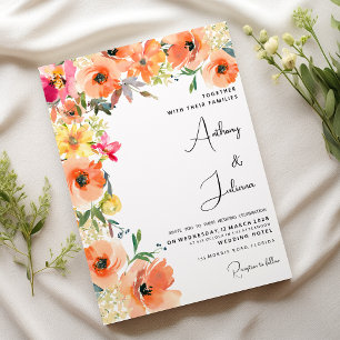 Invitation Botanique orange jaune rose Mariage floral d'été