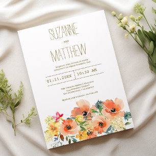 Invitation Botanique orange jaune rose Mariage floral d'été