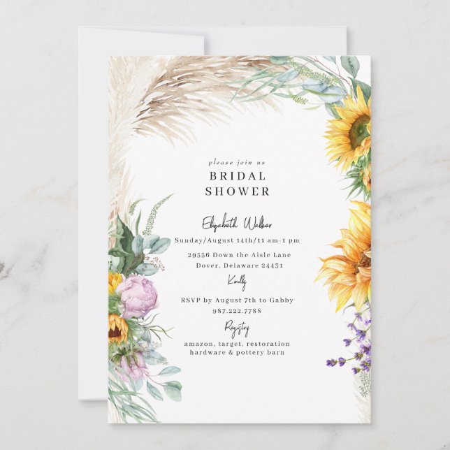 Invitation Botanique Pampas Sunflower Peony BridalDouche Bota (Devant)