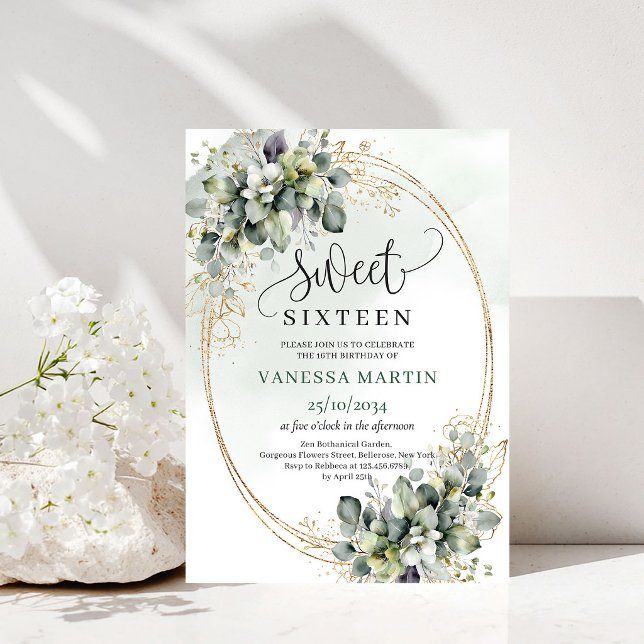 Invitation botanique pour une douce Seize ans avec (Greenery And White Sweet Sixteen Botanical Invite)