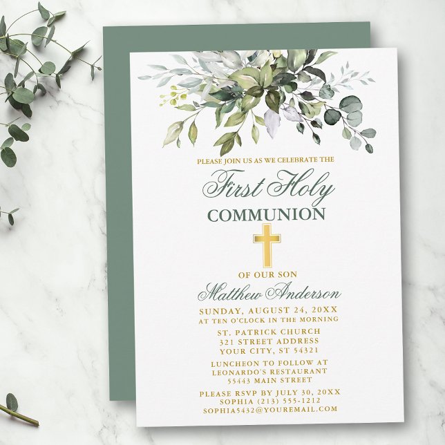Invitation Botanique Première Communion Gold Sage Vert (Customize to change text color, text style or color of back of card.)