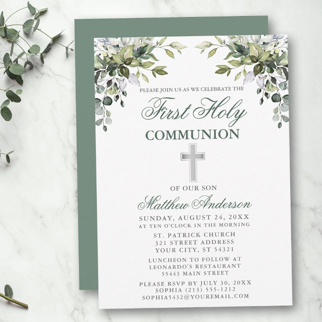 Invitation Botanique Première Communion Sage Vert Argent (Customize to change text color, text style or color of back of card.)