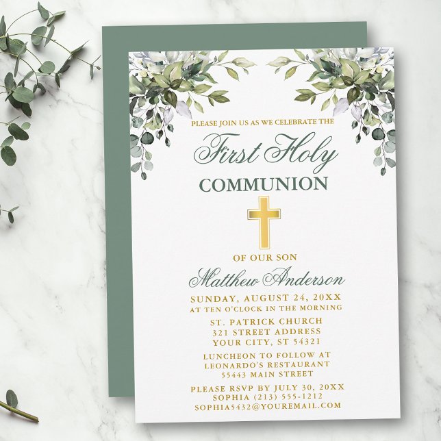 Invitation Botanique Première Communion Sage Vert Or (Customize to change text color, text style or color of back of card.)