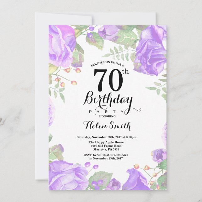 Invitation Botanique Purple Floral 70e anniversaire Invitatio (Devant)