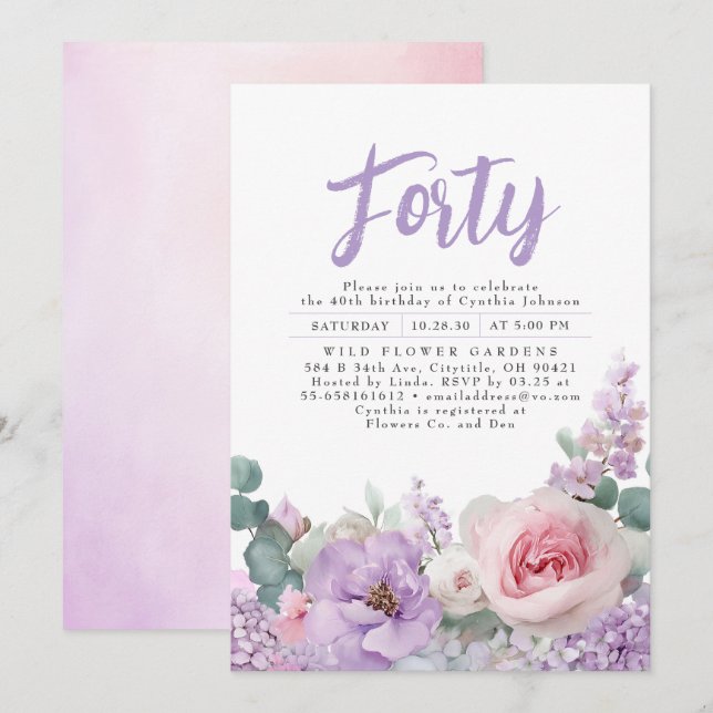 Invitation Botanique Purple Rose Floral Boho fête d'anniversa (Devant / Derrière)