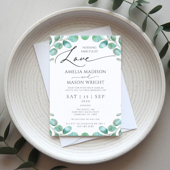 Invitation Botanique Rien d'amour fantaisie Juste amour Maria (Botanical Eucalyptus Nothing Love Fancy Just Love Wedding Invitation Front)