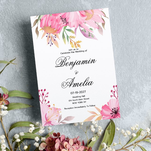 Invitation Botanique rose orangé fleurs Mariage (Botanic pink orange watercolor flowers Wedding)