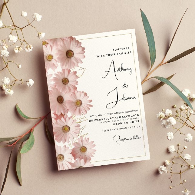 Invitation Botanique rose pâle doré marguerite Mariage floral (Botanical blush pink gold daisy floral Wedding )