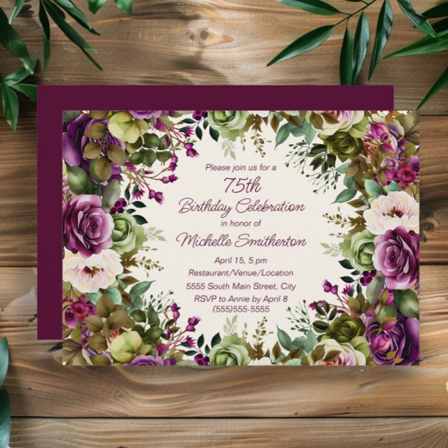 Invitation Botanique rose pourpre 75e anniversaire (Elegant purple watercolor floral 75th birthday party invitation)
