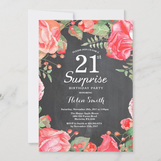Invitation Botanique Rouge Floral Surprise 21e anniversaire (Devant)