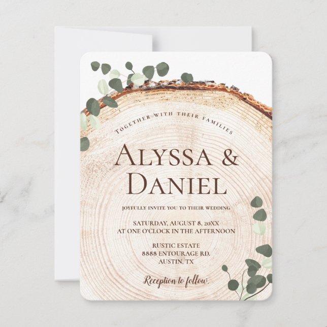 Invitation Botanique Rustique Eucalyptus sur Mariage de bois (Devant)