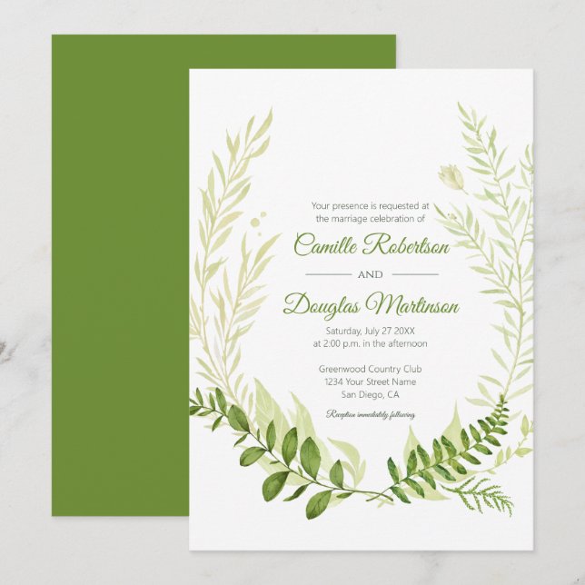 Invitation Botanique Rustique Verdure Laurel Mariage de couro (Devant / Derrière)