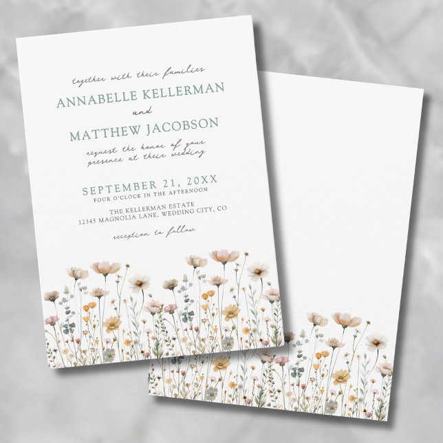 Invitation Botanique simple Fleur sauvage d'aquarelle Mariage (Botanical Simple Watercolor Wildflower Wedding Invitation)