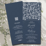 Invitation Botanique Tout en un Marine Blue Wedding Invitatio<br><div class="desc">Élégantes botaniques blanches et des points en bleu marine (ou toute couleur), ces invitations de mariage présentent vos informations mariages en lettres blanches chic sur le devant et vos détails mariages sur le dos. Remplacez notre exemple de code QR par un code pour votre site Web mariage. Le service de...</div>