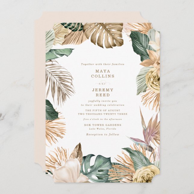 Invitation Botanique Tropical Floral Mauve Mariage (Devant / Derrière)