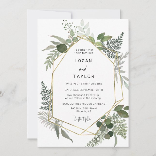 Invitation Botanique Verdure Boho Gold Frame QR Code Photo (Devant)