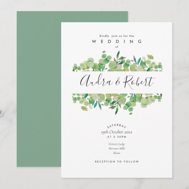 Invitation Botanique Verdure Eucalyptus Garland Mariage (Devant / Derrière)