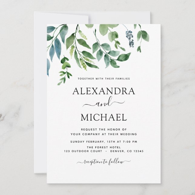 Invitation Botanique Verdure Foliage Mariage d'aquarelle (Devant)