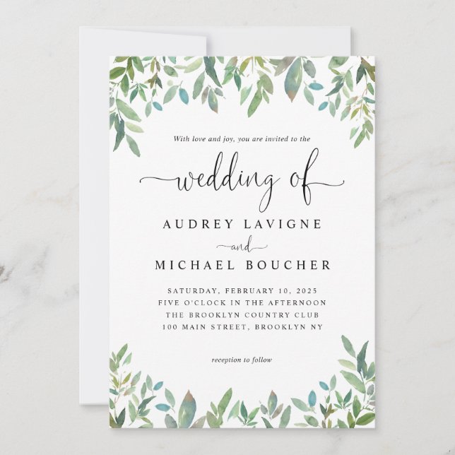 Invitation Botanique Verdure Sage Vert Tout en un Mariage (Devant)