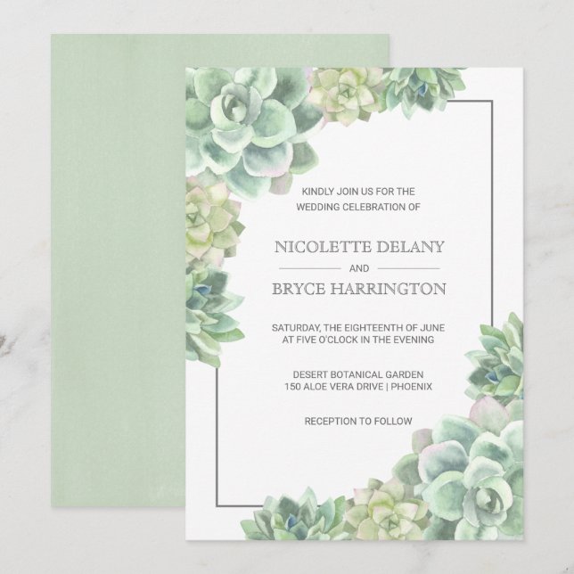 Invitation Botanique Vert aquarelle Mariage de cadre succulen (Devant / Derrière)