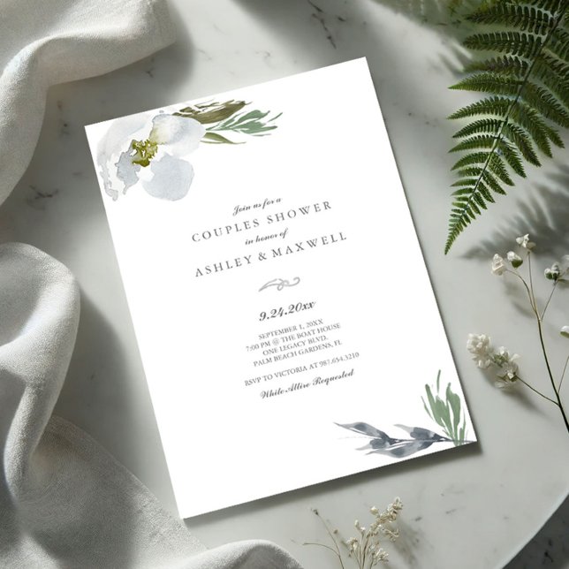 Invitation Botanique Vert & Blanc Douche Aquarelle Florales (Couples shower invitation watercolor grey flowers and greenery VG Invites)