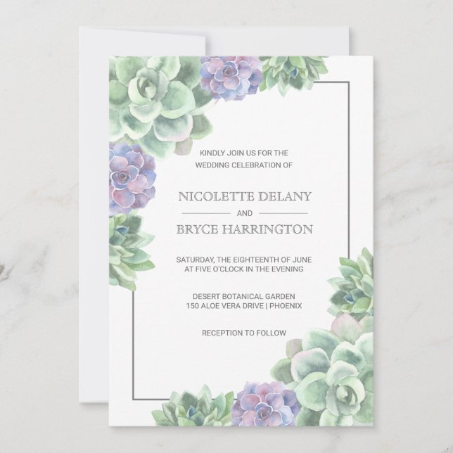 Invitation Botanique vert et violet Mariage Succulent (Devant)