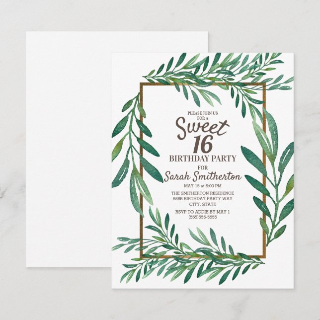 Invitation Botanique Vert Feuille Blanc Or Sweet 16 (Devant / Derrière)