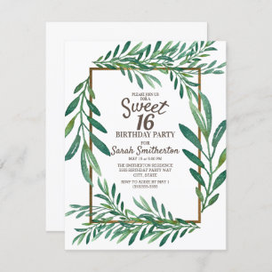 Invitation Botanique Vert Feuille Blanc Or Sweet 16