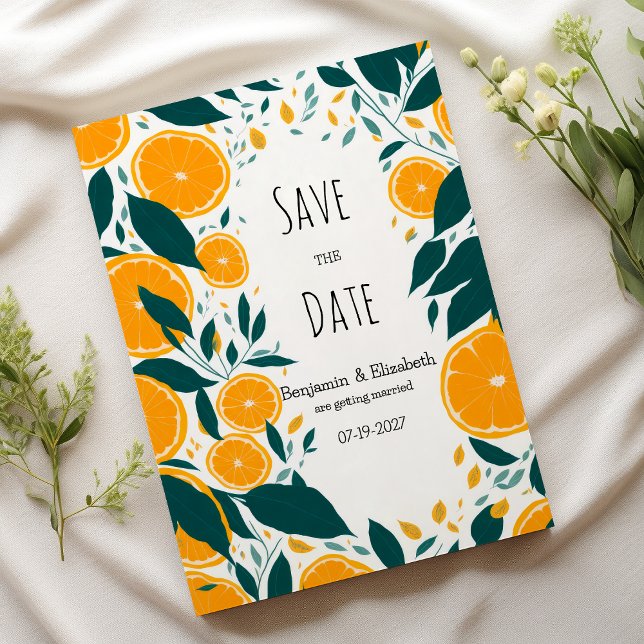 Invitation Botanique vert foncé agrumes orange Enregistrer la (Botanical dark green citrus orange Save the Date)