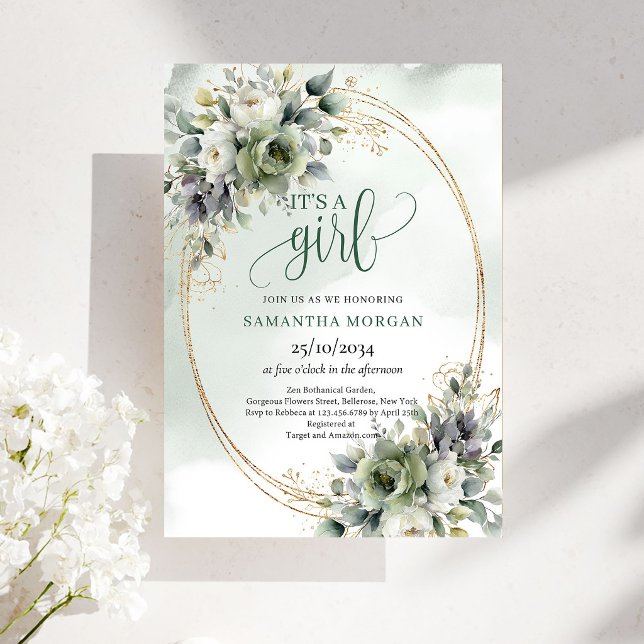 Invitation Botanique Vert Poussiéreux C'est Une Fi (Dusty Green Botanical It’s A Girl Invitation)