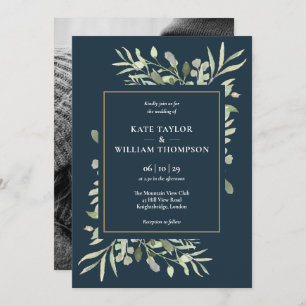 Invitation Botanique Vert Profond Mer Bleu Mariage photo
