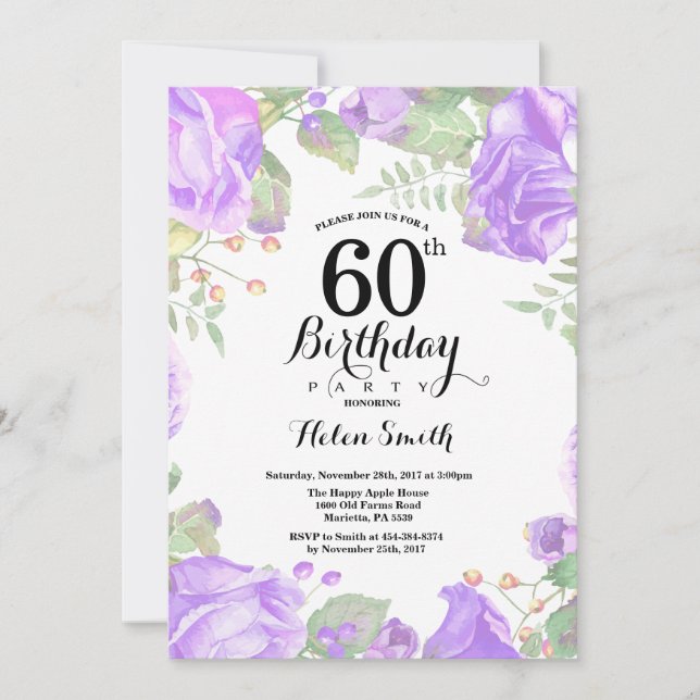 Invitation Botanique Violet Floral 60e anniversaire Invitatio (Devant)