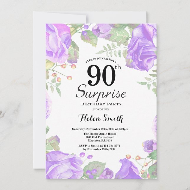 Invitation Botanique Violet Floral Surprise 90e anniversaire (Devant)