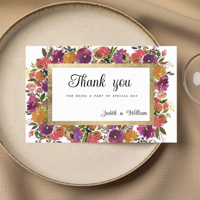 Invitation Botanique violet orange rose Merci floral (Botanic purple orange pink gold floral Thank You )