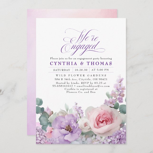 Invitation Botanique violet rose floral Boho (Devant / Derrière)