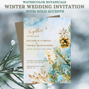 Invitation Botaniques Aquarelle Mariage Hiver Accents Dorés