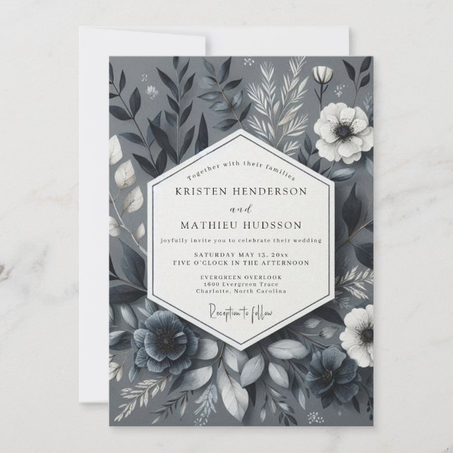 Invitation Botaniques de mariage nocturnes gris ardoise (Devant)