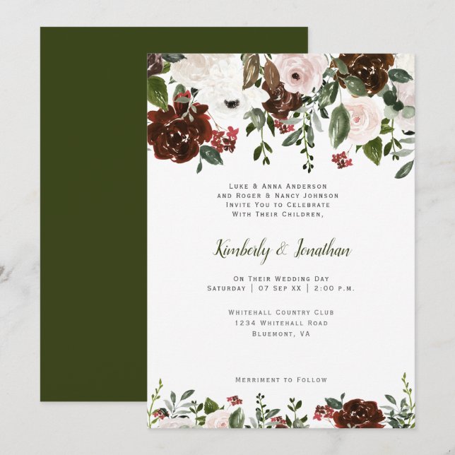 Invitation Botaniques florales rouge indien blanc vert forêt (Devant / Derrière)