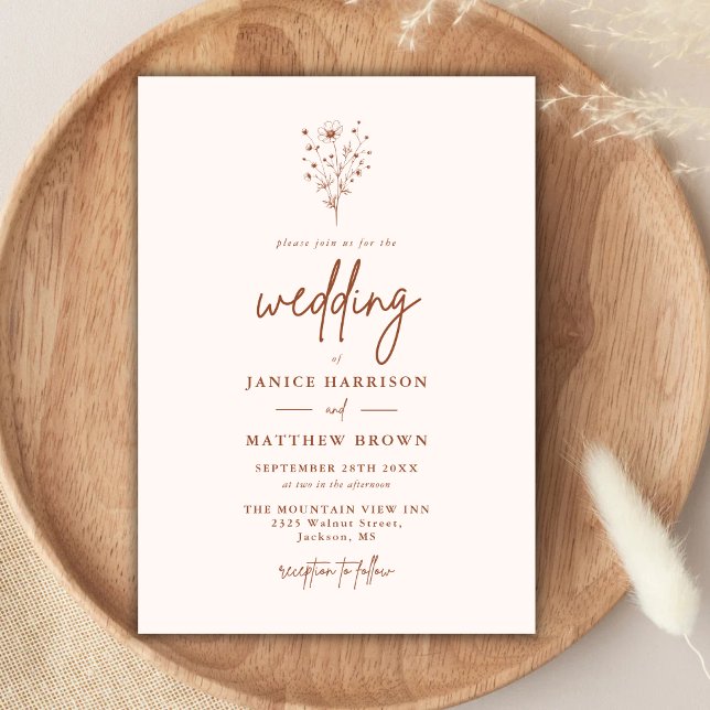 Invitation Botaniques Mariage Couleur Orange Brûlée Rustique (Rustic burnt orange botanicals wedding invitation sets a warm tone with a personalized elegant touch)