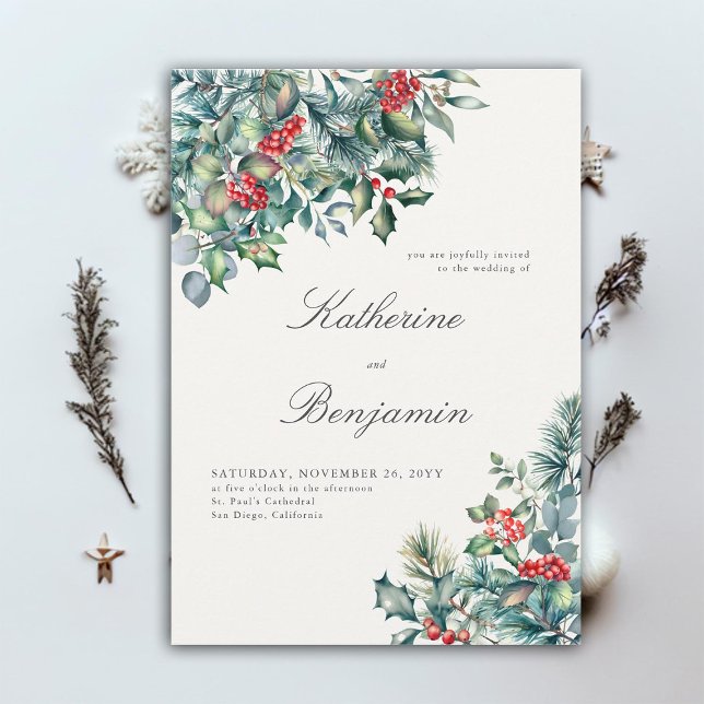 Invitation Botaniques officielles d'hiver Berry rouge Mariage (elegant winter wedding invitation botanical frame formal traditional modern classic red berries)