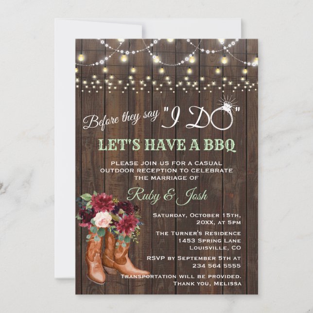 Invitation Botte Chic Burgundy Floral avant de faire BBQ (Devant)