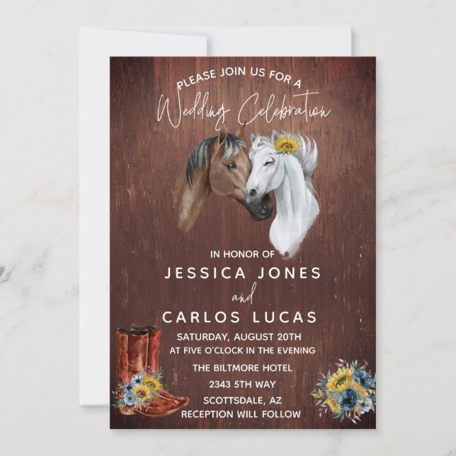 Invitation Botte de cheval de l'Ouest en bois Tournesol Aquar (Devant)