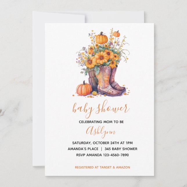 Invitation Botte de cowboy Citrouille Floral Baby shower d'au (Devant)