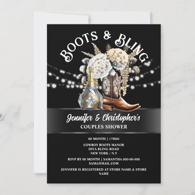 Invitation Botte de cowboy occidentale argent or bulle chic (Devant)